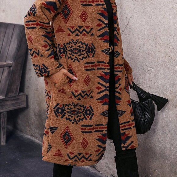 Brown Preppy Womens Geo Print Drop Shoulder Open Front Coat - Picture 4 of 5